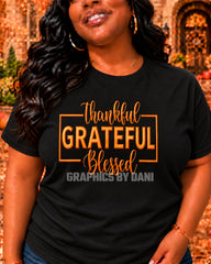 Thankful • Grateful • Blessed — Metallic Lettering shirt mockup