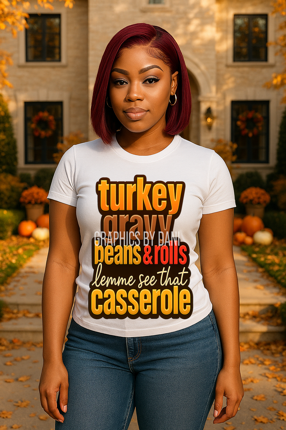 Turkey Gravy Beans & Rolls — Lemme See That Casserole PNG | Bold & Glossy Thanksgiving Text Design