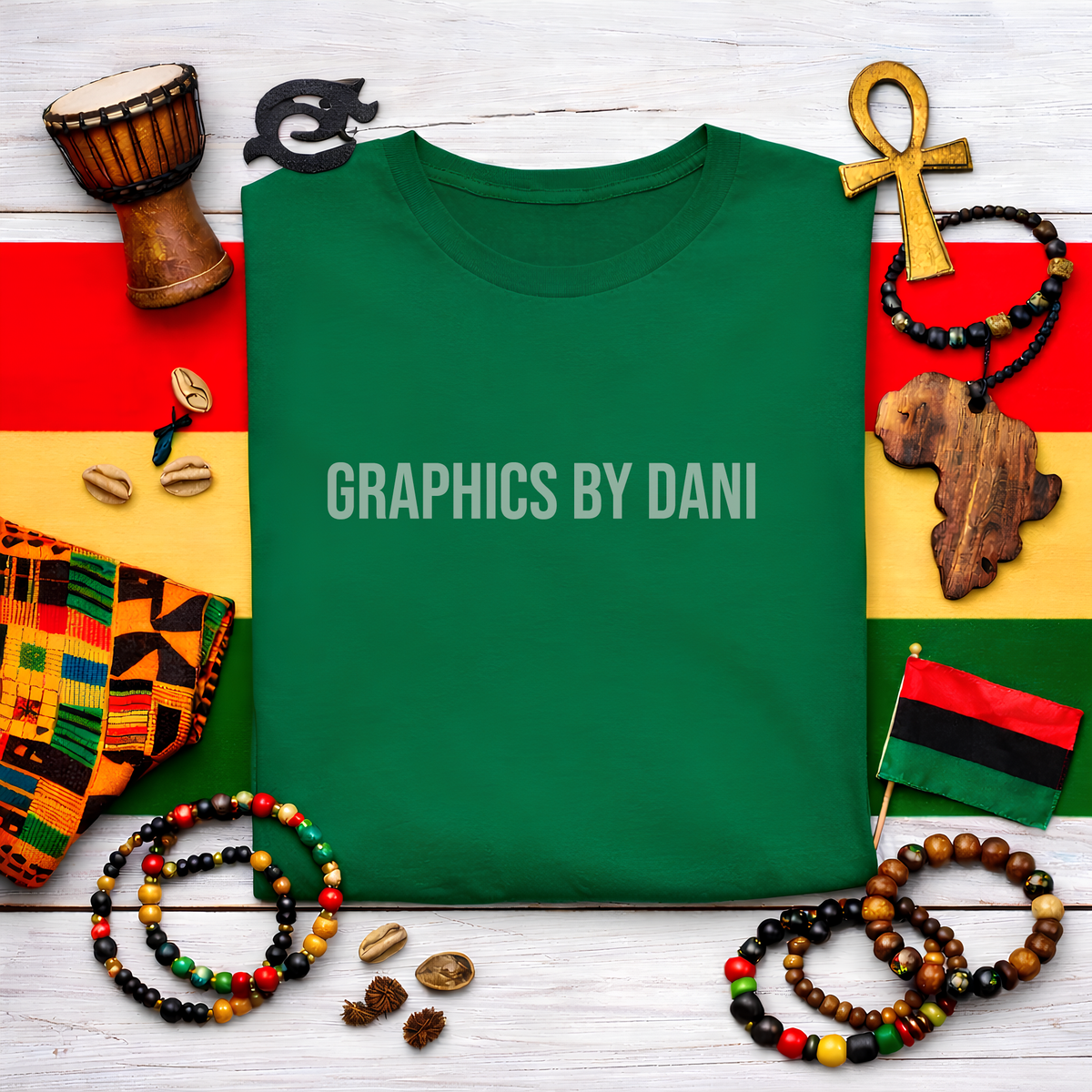 🖤 Black History T-Shirt Mockup – Cultural Flat Lay Scene Green