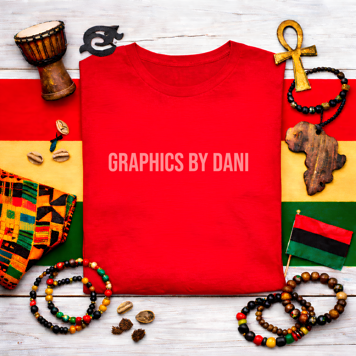 🖤 Black History T-Shirt Mockup – Cultural Flat Lay Scene Red