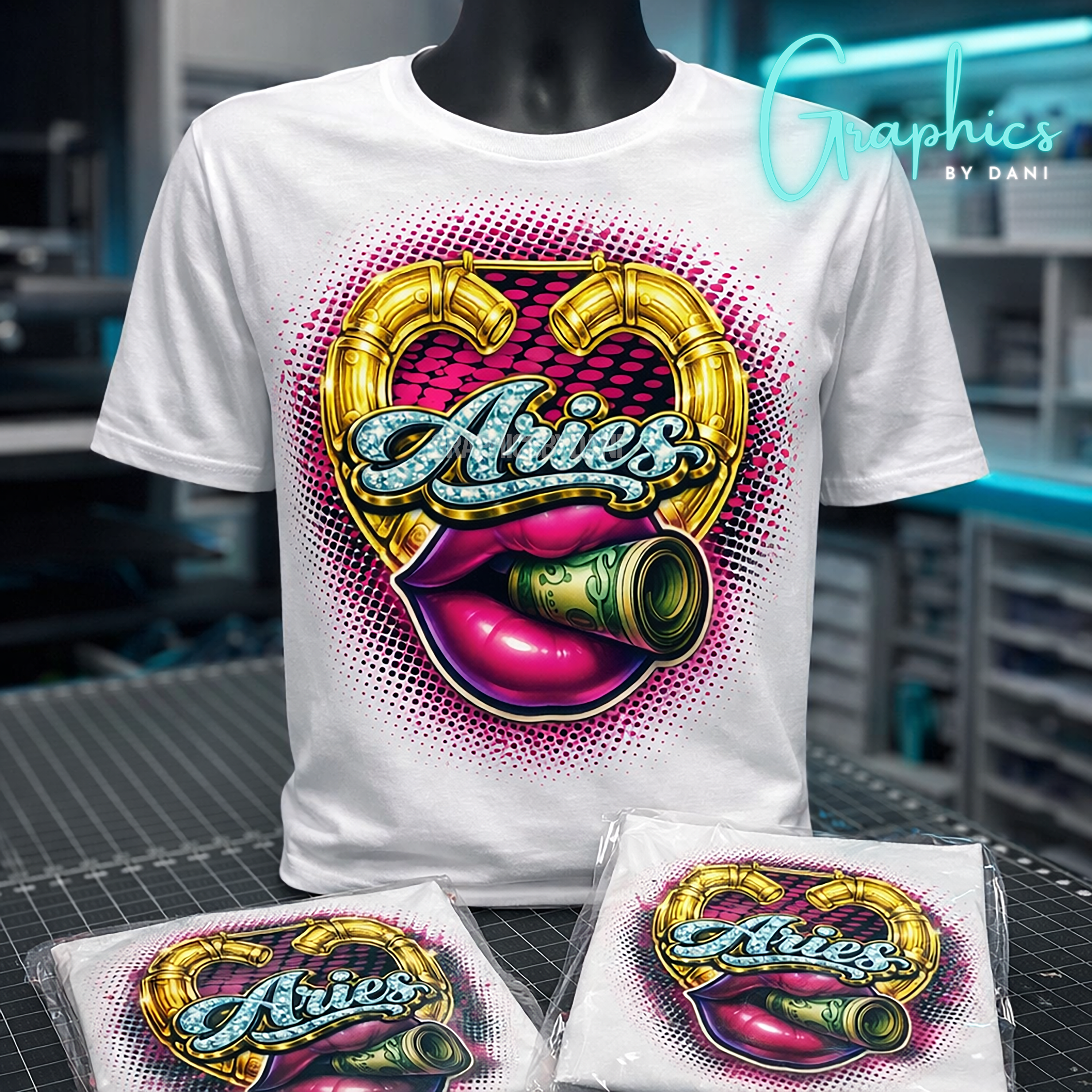 Aries Zodiac Glam T-Shirt – Bold 2.5D Lips & Money Roll Design | Luxury Astrology Graphic Tee