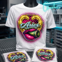 Aries Zodiac Glam T-Shirt – Bold 2.5D Lips & Money Roll Design | Luxury Astrology Graphic Tee