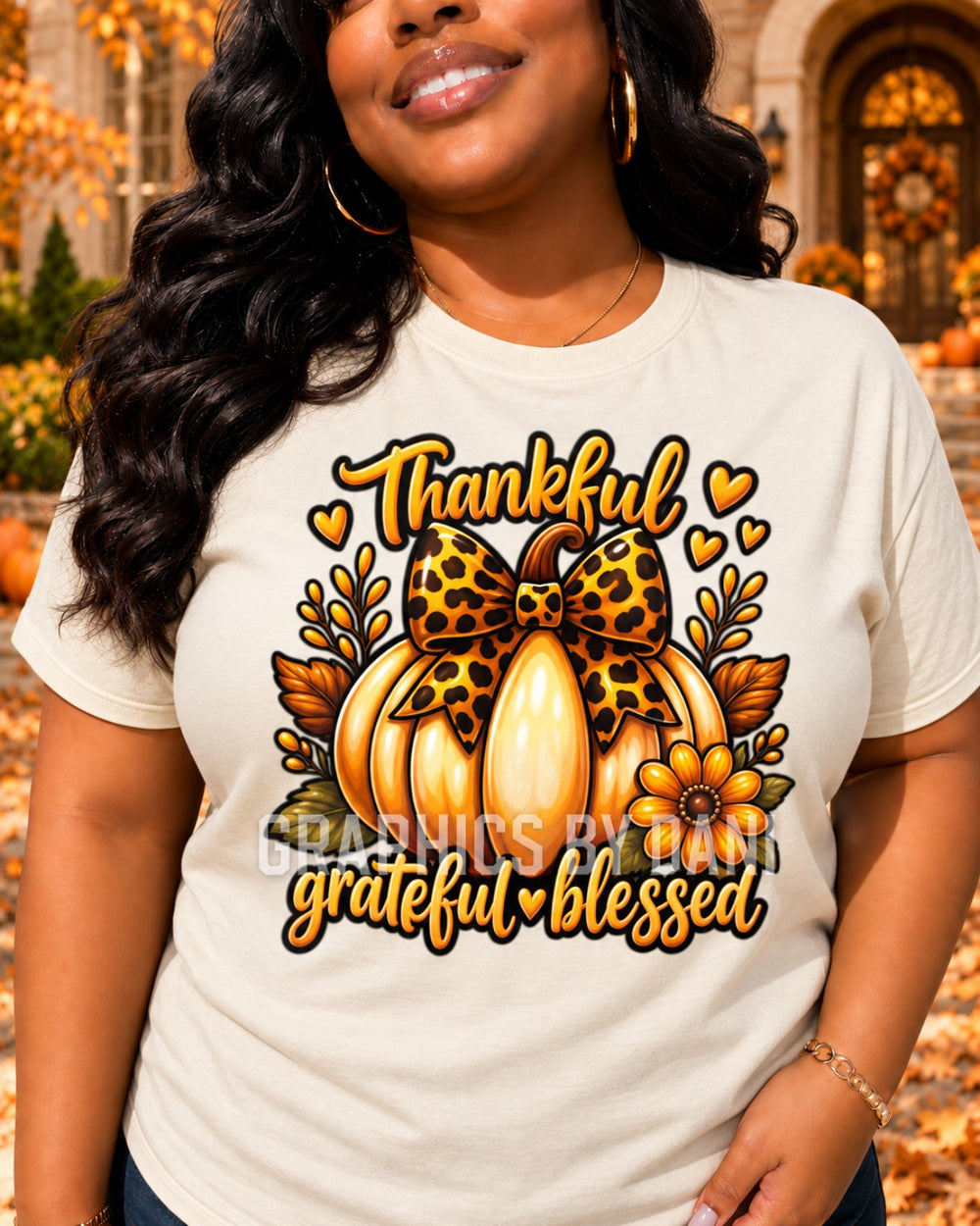 Thankful • Grateful • Blessed — Leopard Bow Pumpkin shirt mockup