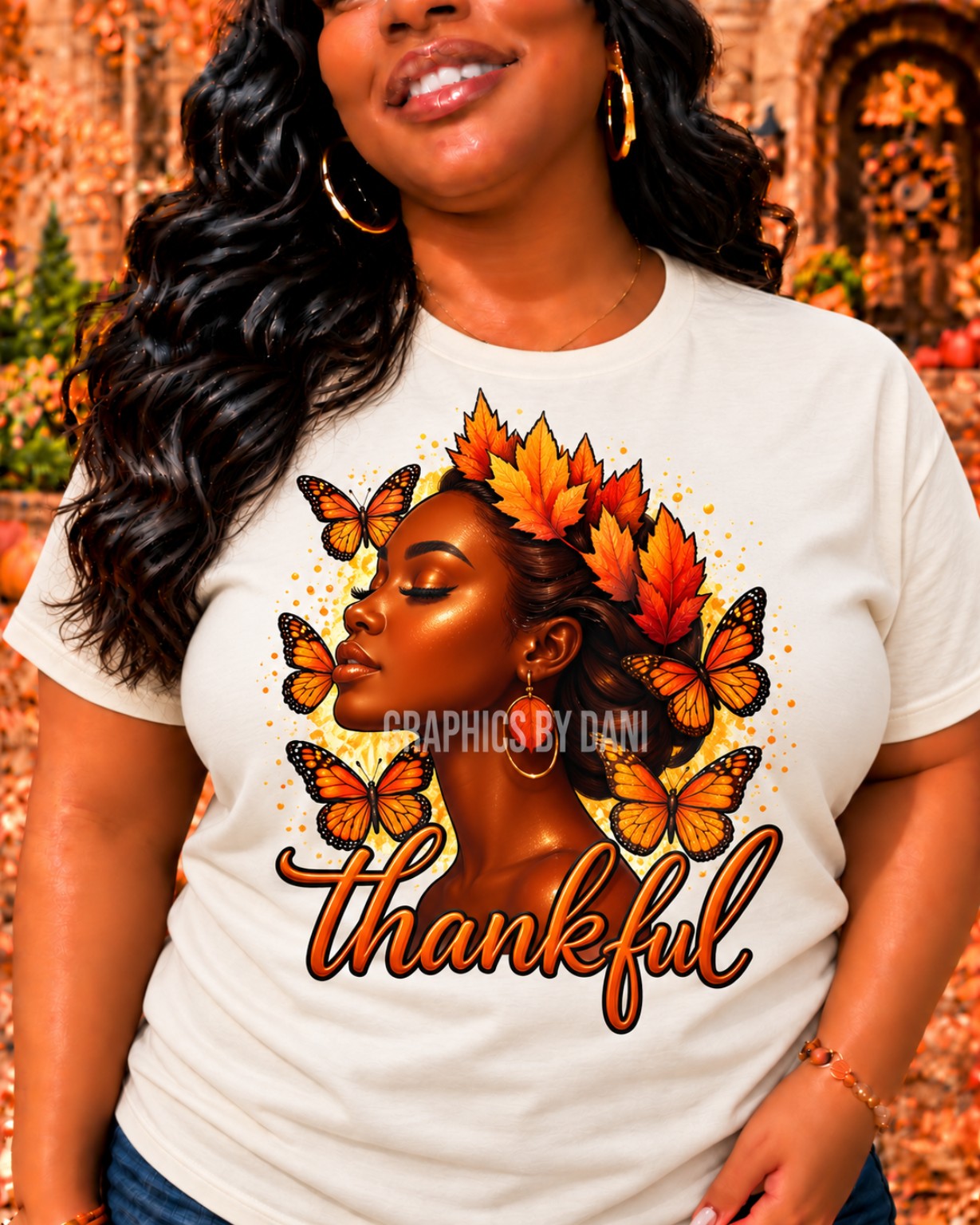Thankful Fall Queen — Autumn Leaves & Butterflies shirt mockup