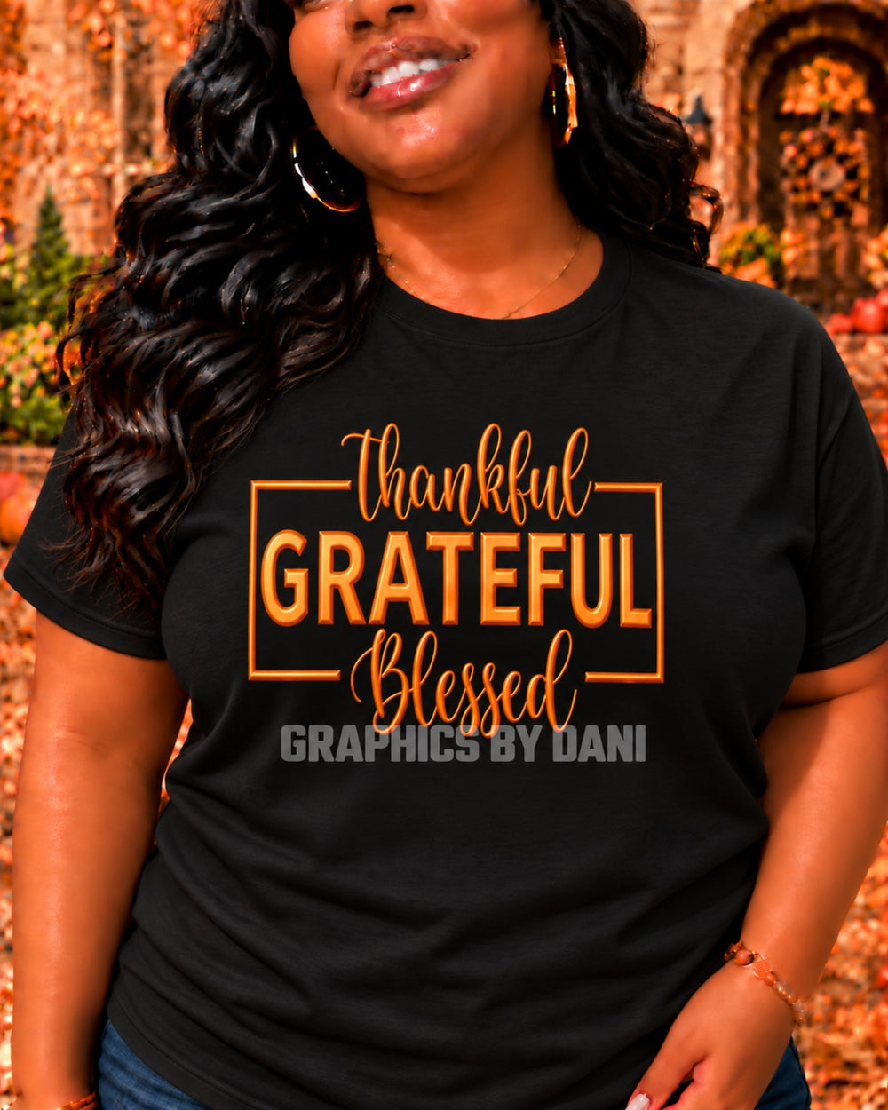 Thankful • Grateful • Blessed — Metallic Lettering shirt mockup