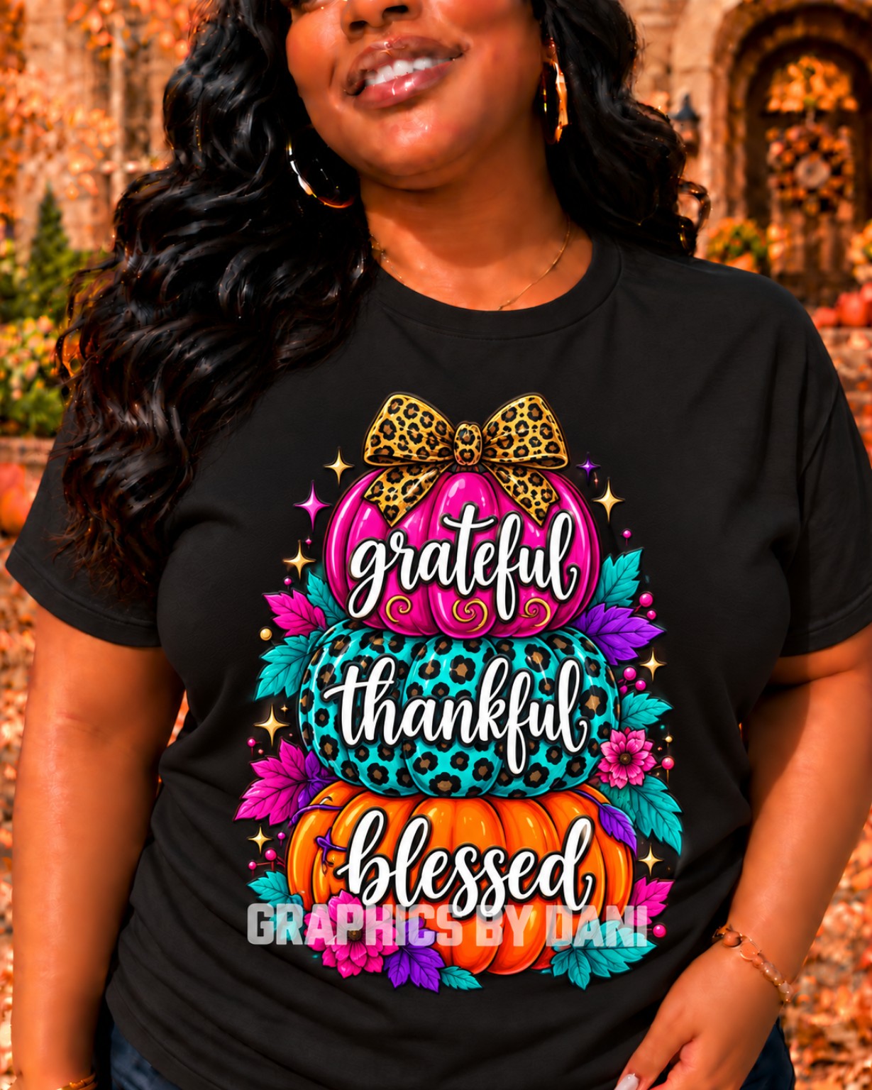 Grateful • Thankful • Blessed — Pink & Teal Leopard Pumpkins shirt mockup