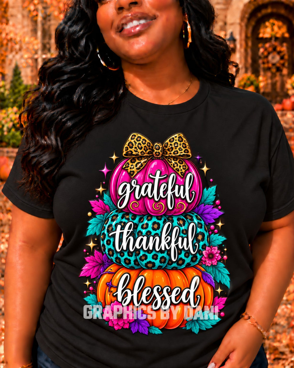 Grateful • Thankful • Blessed — Pink & Teal Leopard Pumpkins shirt mockup
