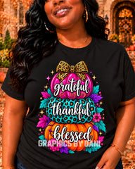 Grateful • Thankful • Blessed — Pink & Teal Leopard Pumpkins shirt mockup