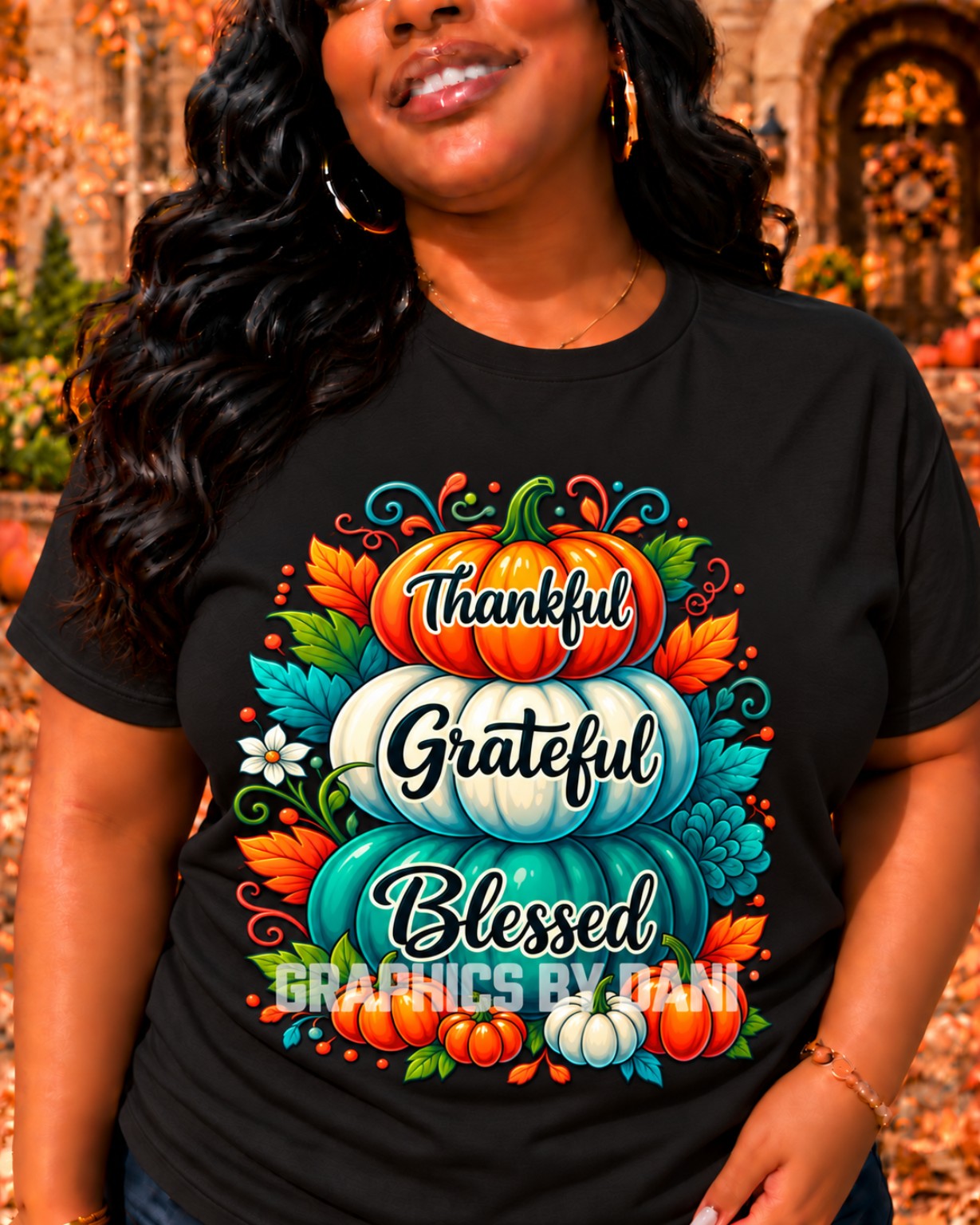 Thankful • Grateful • Blessed — Orange, Cream & Teal Pumpkin Stack shirt mockup