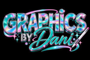 Graphics by Dani holographic aqua, pink and silver chrome logo on black